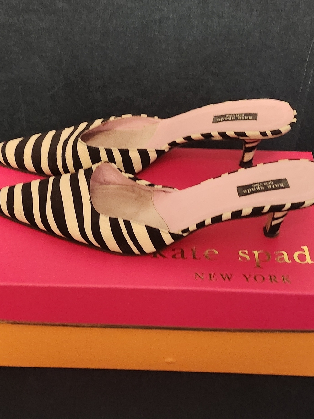 kate spade Black and White Striped Pointed-Toe Mules - Picture 1 of 8